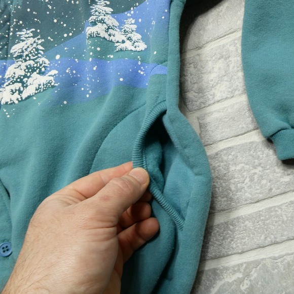 VINTAGE Artisans Sweater Womens M Green Fleece Cardigan‎ Snowy Winter Night - Picture 7 of 11